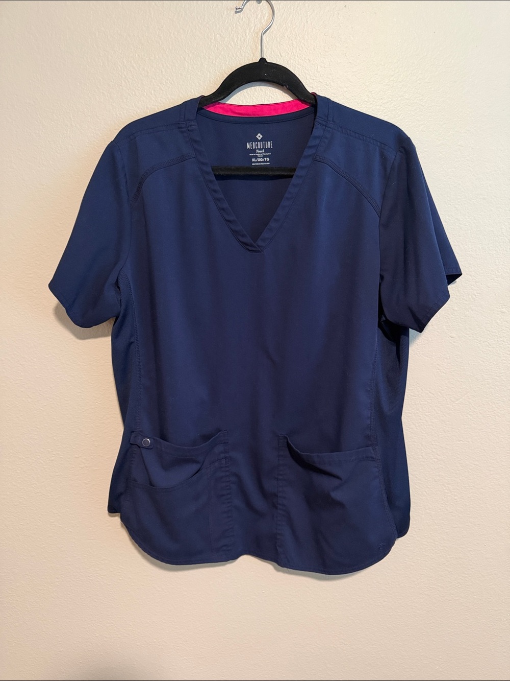 Med Couture Navy V-Neck Scrub Top and Jogger Bottoms with Pink Trim
